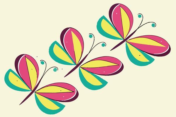 Three Joyful Pink, Yellow, and Teal Butterflies Dancing on a Cream Background A Whimsical Spring Illustration