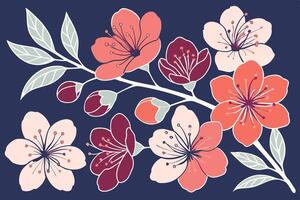 Serene Blossom Branch A Delicate Illustration of Pink, Coral, and Burgundy Cherry Blossoms on a Navy Blue Background vector