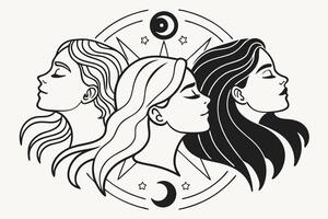 Serene Triple Goddess Moon Phase Art Print Mystical Women in Celestial Harmony, Peaceful Night Sky Setting vector