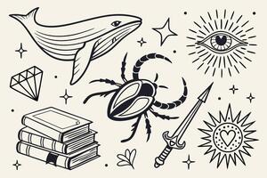 Mystical Tattoo Flash Sheet Enchanting Whale, Jewel, Insect, and Sword Designs in a Whimsical Style vector