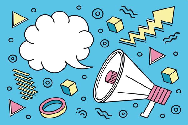 Retro 90s Style Announcement Megaphone and Speech Bubble on Bright Blue Background, Bold and Playful Design
