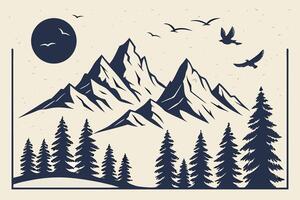 Serene Mountain Landscape at Sunset Majestic Peaks, Soaring Birds, and Tranquil Forest in Vintage Style Illustration vector