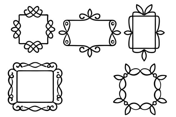 Five Elegant Black and White Hand-Drawn Decorative Frames for Design Projects, Offering a Classic and Romantic Mood