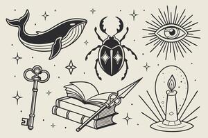 Enchanting Mystical Tattoo Designs Whale, Beetle, Eye, Key, Books, and Candle in a Starry Night Setting vector
