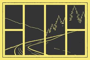 Serene Nighttime Mountain Road View Through a Paned Window A Peaceful, Dark Illustration - Professional digital artwork with vibrant colors and detailed composition vector