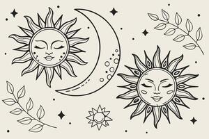 Serene Celestial Scene Mystical Sun, Moon, and Stars with Peaceful Faces in a Dreamlike Night Sky vector