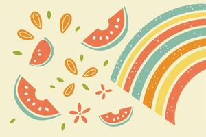 Delightful Summertime Illustration Joyful Watermelon Slices and a Pastel Rainbow on a Creamy Background - Professional digital artwork with vibrant colors and detailed composition vector