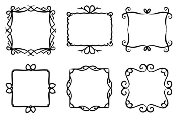Six Elegant Hand-Drawn Black Decorative Frames for Scrapbooking, Wedding Invitations, and Vintage Designs, Isolated on White Background