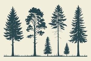 Serene Silhouette of Majestic Pine and Fir Trees in a Tranquil Forest Setting, Illustrated in a Dark Teal Color Palette vector