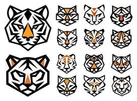 Set of Geometric Tiger Head Logos with Abstract Orange Accents vector