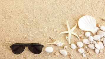Top view of flat lay composition with sunglasses, starfish, and seashells isolated on beach sand background photo
