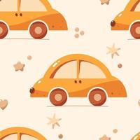 Seamless Bohemian baby pattern with yellow car toys and hearts, circles and stars. vector