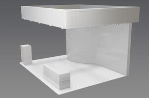 A white display stand with a white table and chairs photo