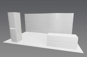 A white display stand with a white table and two chairs photo