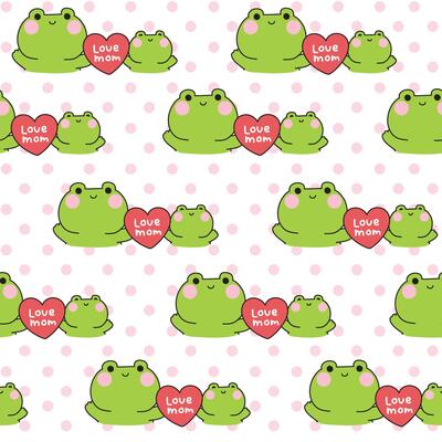 Seamless pattern of cute mom frog and baby frog hold big heart pink dot background.Mother day.Love.Reptile animal character cartoon design.Kawaii..Illustration