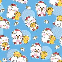 Seamless pattern of cute mom hen and baby chicken in various poses with fried egg on background.Mother day.Love.Farm bird animal character cartoon design.Kawaii..Illustration. vector