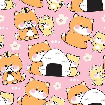 Seamless pattern of cute mom shiba inu dog and baby in various poses with sushi and rice ball background.Sakura flower.Mother day.Love.Japanese pet animal character cartoon.Kawaii.