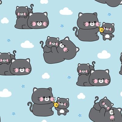 Seamless pattern of cute black mom cat and baby cat sky and cloud background.Kitten.Meow.Mother day.Love.Pet animal character cartoon design.Kawaii..Illustration.