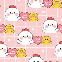 Seamless pattern of cute mom hen and baby chicken hold big heart background.Mother day.Love mom.Farm bird animal character cartoon design.Kawaii..Illustration. vector