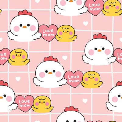 Seamless pattern of cute mom hen and baby chicken hold big heart background.Mother day.Love mom.Farm bird animal character cartoon design.Kawaii..Illustration.