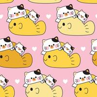 Seamless pattern of cute mom cat and baby cat stay on big fish with heart background.Kitten.Meow.Mother day.Love.Pet animal character cartoon design.Kawaii..Illustration. vector
