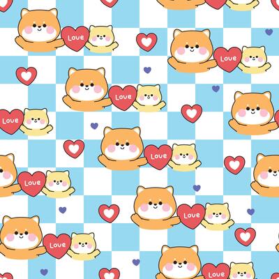 Seamless pattern of cute mom shiba inu dog and baby hold big heart background.Mother day.Love.Japanese pet animal character cartoon design.Kawaii..Illustration.