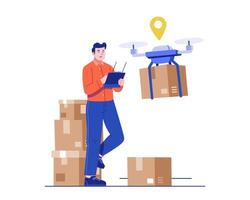 A courier operates a delivery drone using a remote control while standing near a stack of packages. Concept of drone shipping and smart futuristic logistics in a flat style vector