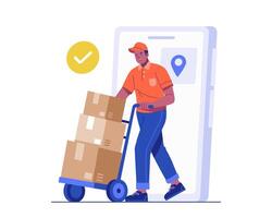 Illustration of a delivery man pushing a trolley full of boxes, stepping out from a giant smartphone interface. Concept of parcel delivery and smart logistics service vector