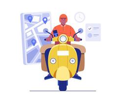 A male courier is riding a yellow scooter while using GPS on a mobile phone. With a map, clock, and checklist in the background. Illustration concept of smart delivery, logistics, and fast shipping vector