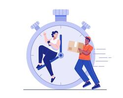 A woman receiving a package from a courier who arrives on time. The delivery man is running with a parcel toward a customer sitting inside a large clock. Fast delivery service concept vector
