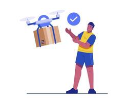 Illustration of a drone delivering a package to a man. The man happily receives the parcel from the flying drone. Concept of contactless shipping, smart logistics, and modern delivery technology vector