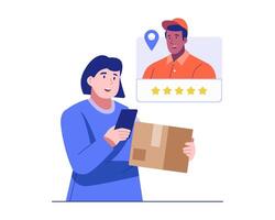 A happy woman gives a five-star review to a courier after receiving a parcel, showing appreciation for great service. Illustration concept of customer satisfaction, delivery review, and feedback vector
