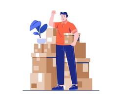 A male courier stands confidently with a raised fist in front of stacked cardboard boxes. Concept of warehouse delivery, logistics, and shipping service. Flat illustration vector