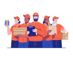 Diverse Courier Team Illustration Featuring Workers From Food Delivery, Grocery, Pizza, and Moving Services. Flat Character Design vector