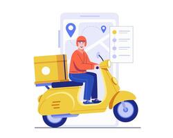 A delivery courier on a yellow scooter with a package box. The rider follows a digital route on a GPS map. Illustration concept of fast delivery, smart logistics, and on-time shipping service vector