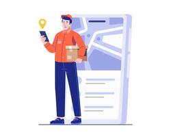 A male courier holding a package checks the GPS on his smartphone in front of a large map interface. Flat illustration of smart delivery tracking and modern courier service vector