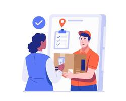 Illustration of a female customer paying cash to a male courier while receiving a package. The delivery takes place in front of a mobile app interface featuring order tracking and a checklist vector