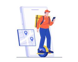 A food courier on an electric unicycle uses GPS navigation on a smartphone, wears a backpack, and delivers orders using modern, eco-friendly transport. Fast delivery and smart mobility concept vector