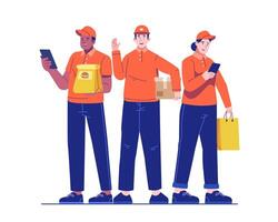 Illustration of a delivery team standing with food and package orders in hand. A group of male and female couriers wearing uniforms vector