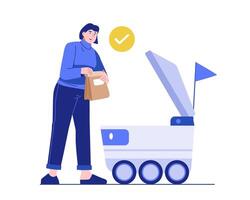 Illustration of a woman receiving a food order from a delivery robot. The robot delivers food to the customer and the woman takes the meal from it. Innovative food delivery service concept vector