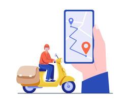 A delivery rider on a yellow scooter follows a digital map route shown on a smartphone screen. Concept of real-time tracking, smart courier service, and modern delivery system vector