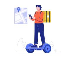A female courier rides a self-balancing hoverboard while checking GPS on a smartphone. She carries a yellow delivery backpack, using eco-friendly transport for fast delivery. Flat illustration vector
