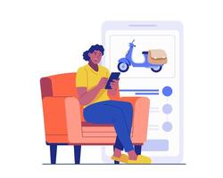 A woman sits on a sofa, using her smartphone to order a scooter delivery via an online app. A large screen shows product details. Concept of online shopping, courier service, and modern e-commerce vector