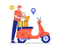 A food delivery courier loads a meal package into a scooter box, getting ready for fast and efficient delivery. Illustration concept of fast food delivery, express shipping, and urban logistics vector