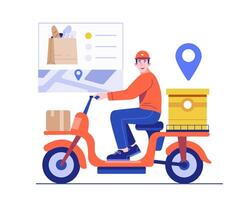 A male courier on a red scooter with a package box is delivering groceries and packages while following GPS navigation on a digital map. Illustration concept of fast delivery and live order tracking vector
