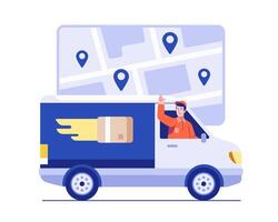 A friendly delivery driver waves from a van while navigating a digital map interface with location pins. Illustration concept of express logistics, courier tracking, and package delivery service vector