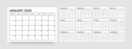 Monthly calendar layout for 2026 year. Week Starts on Monday. Diary planner for 2026 year. vector