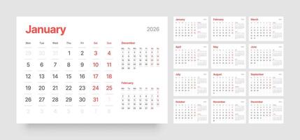 Diary planner for 2026 year. Week Starts on Monday. Monthly calendar layout for 2026 year. vector