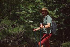 Man Hiking in Forest with Trekking Poles on a Sunny Summer Day photo