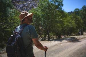 Man Hiking in Scenic Outdoor Setting, Backpacking Through Forest Trail Under Bright Sunlight photo